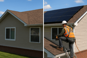 Before and after solar panel installation on Colorado roof.