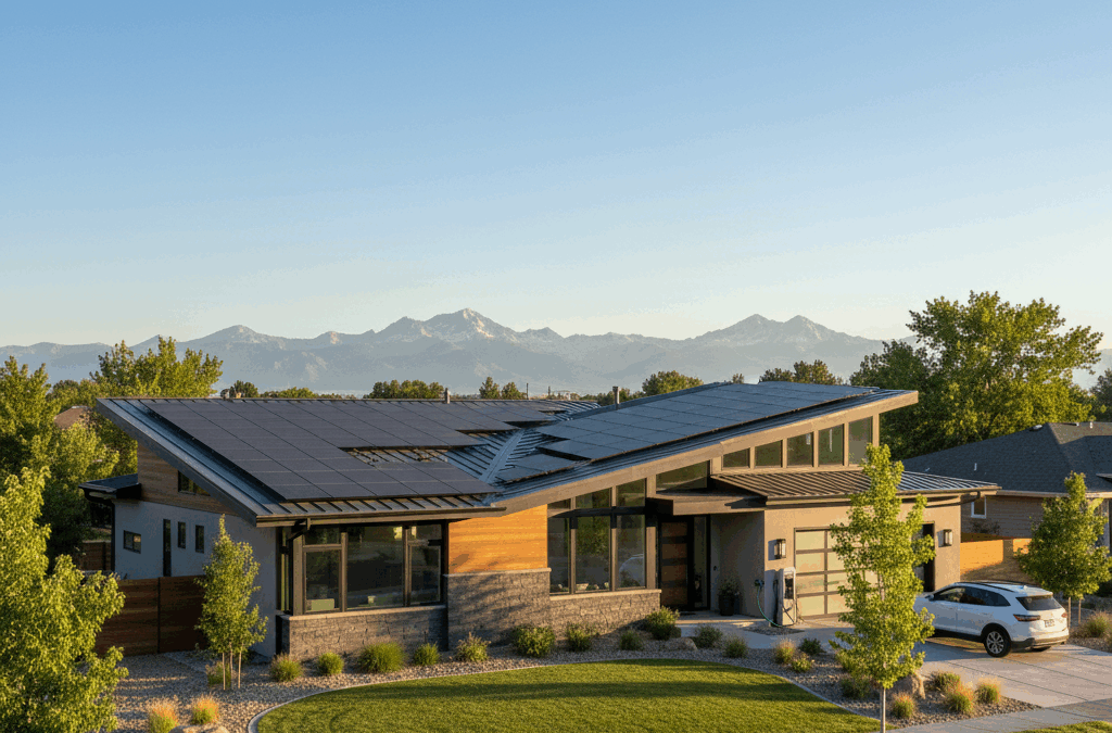 Modern Colorado home with rooftop solar panels installed by BriteStreet Solar Group under clear blue skies, showcasing residential solar energy in Denver.